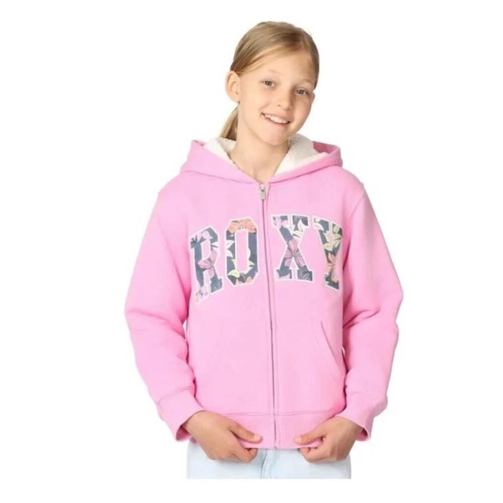 NWT Girls Roxy Youth Plush Lined Hoodie, Pink, Tropical, Large (14-16)
